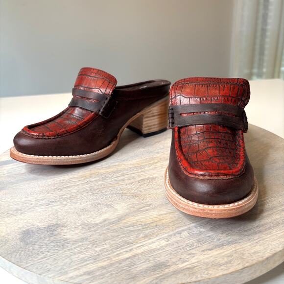 Freebird by Steven Collins Clogs Wine Multi Red Leather Croc Embossed Heels Sz 7 - Picture 5 of 11